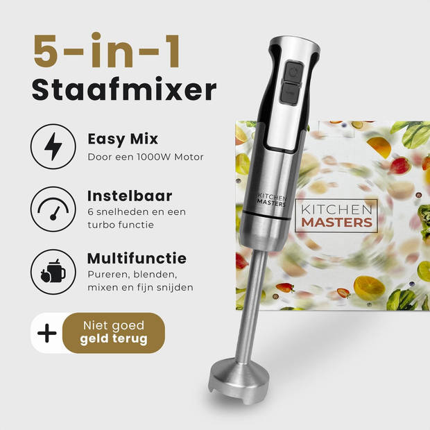 KitchenMasters Staafmixer Set - Hakmolen, Garde & Melkopschuimer - Mixer 5-in-1 - 1000W - 7 snelheden