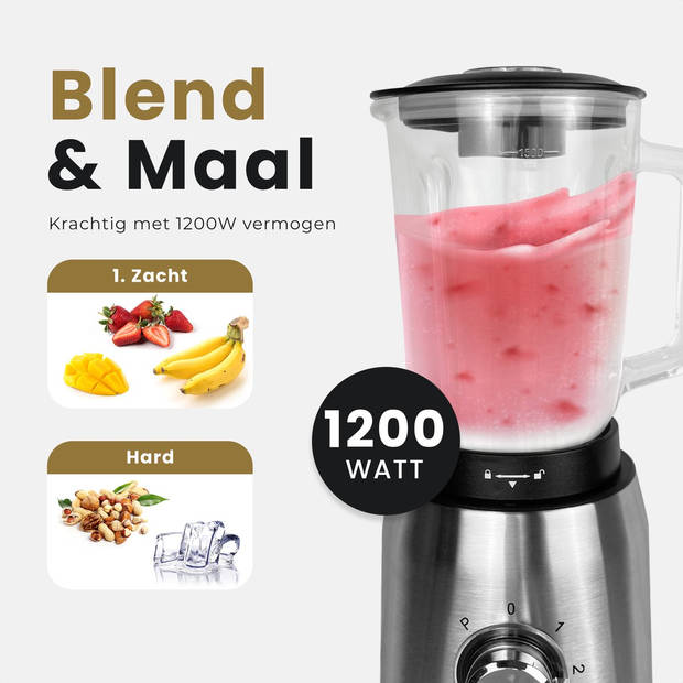 KitchenMasters Smoothie Blender met Glazen Kan - 1,5 Liter - 1200 Watt - Smoothie Maker