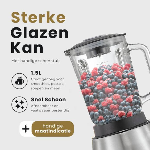 KitchenMasters Smoothie Blender met Glazen Kan - 1,5 Liter - 1200 Watt - Smoothie Maker