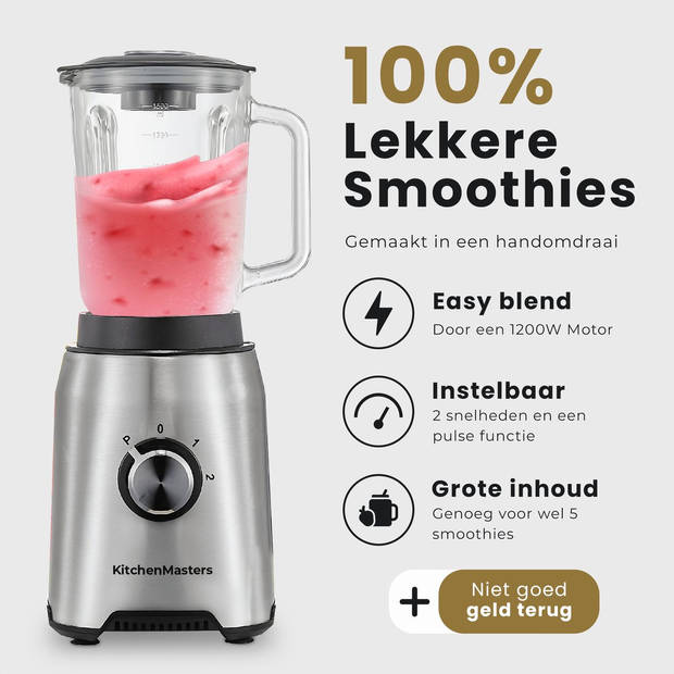 KitchenMasters Smoothie Blender met Glazen Kan - 1,5 Liter - 1200 Watt - Smoothie Maker