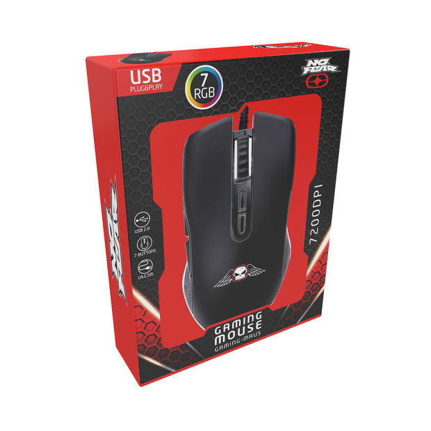No Fear Gaming Muis - 7200dpi - RGB Muis met LED-Verlichting - 1.5M Kabel - USB 2.0 Aansluiting - Zwart