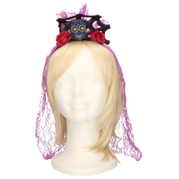 Halloween verkleed diadeem - sluier met bloemen - one size - lila paars - meisjes/dames - Verkleedhoofddeksels