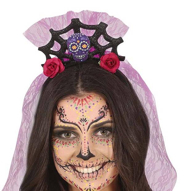 Halloween verkleed diadeem - sluier met bloemen - one size - lila paars - meisjes/dames - Verkleedhoofddeksels