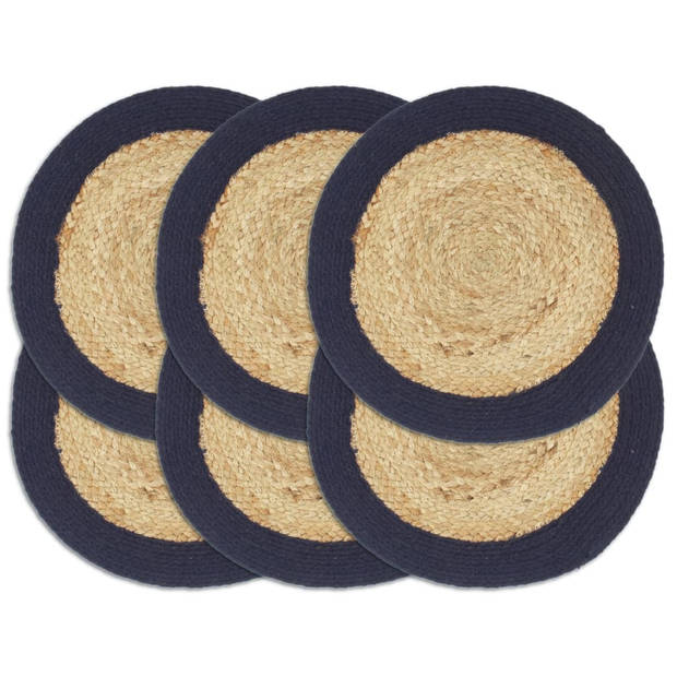 The Living Store Placemats - Handgemaakte Jute en Katoenen Tafelplacemats - 38 cm Diameter - Naturel en Marineblauw