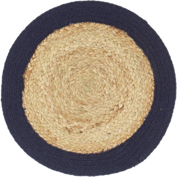 The Living Store Placemats - Handgemaakte Jute en Katoenen Tafelplacemats - 38 cm Diameter - Naturel en Marineblauw