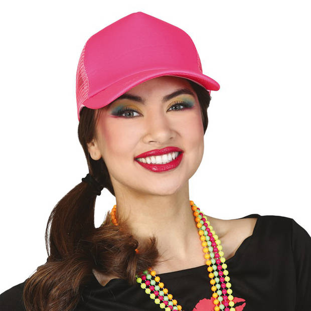 Guirca Carnaval baseballcap petje - fluor roze - verkleed accessoires - volwassenen - Eighties/disco - Verkleedhoofddeks