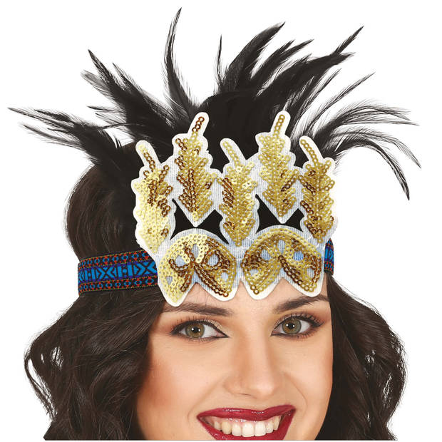 Charleston luxe hoofdband - met zwarte veren en glitters - goud - dames - jaren 20 thema - Verkleedhaardecoratie