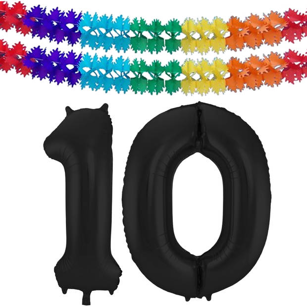 Leeftijd feestartikelen/versiering grote folie ballonnen 10 jaar zwart 86 cm + slingers - Ballonnen