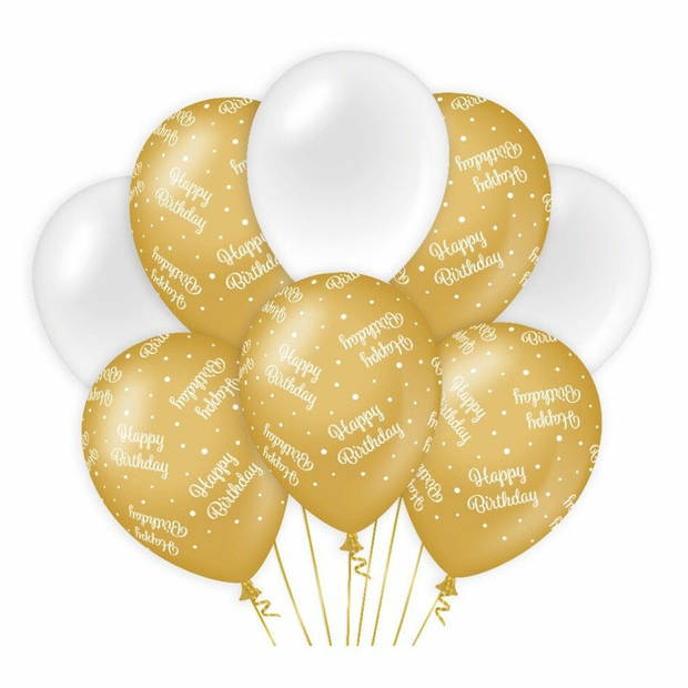 Paperdreams Happy Birthday thema Ballonnen - 8x - goud/wit - Verjaardag feestartikelen - Ballonnen