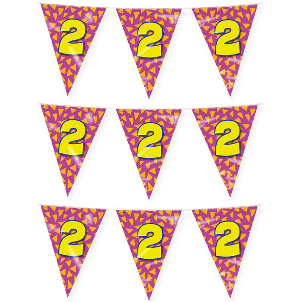 Paperdreams verjaardag 2 jaar thema vlaggetjes - 3x - feestversiering - 10m - folie - dubbelzijdig - Vlaggenlijnen