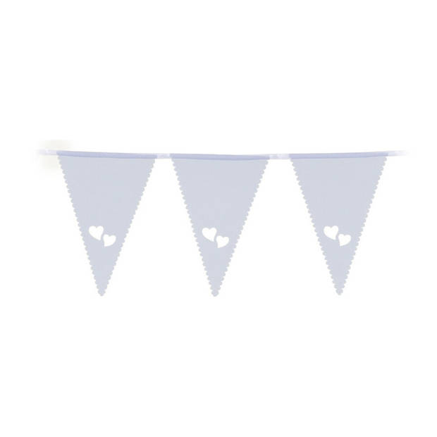 Bruiloft/huwelijk Vlaggenlijn - 2x - binnen/buiten - plastic - wit met hartjes - 3 m - 16 vlaggetjes - Vlaggenlijnen