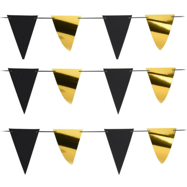 Party Vlaggenlijn - 3x - binnen/buiten - plastic - metallic zwart/goud - 6 m - 25 vlaggetjes - Vlaggenlijnen