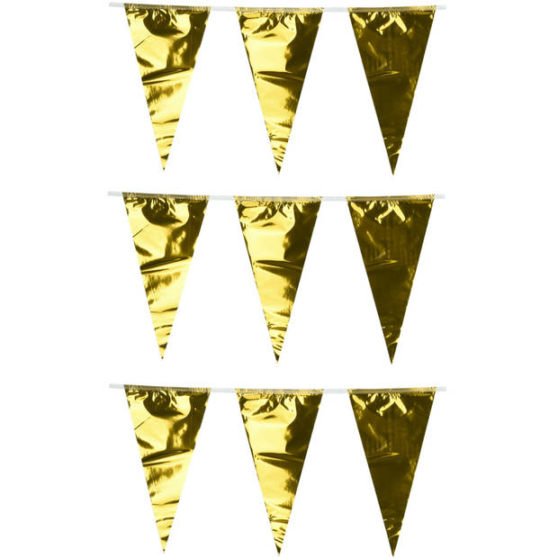Party Vlaggenlijn - 3x - binnen/buiten - plastic - metallic goud - 6 m - 25 vlaggetjes - Vlaggenlijnen