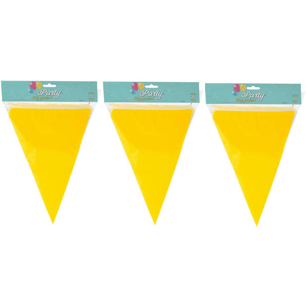 Party Vlaggenlijn - 3x - binnen/buiten - plastic - geel - 600 cm - 25 vlaggetjes - Vlaggenlijnen