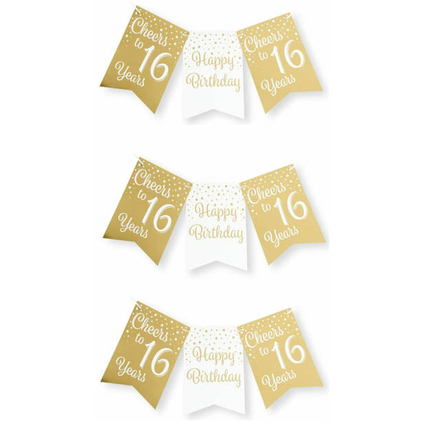 Paperdreams Verjaardag Vlaggenlijn 16 jaar - 3x - Gerecycled karton - wit/goud - 600 cm - Vlaggenlijnen