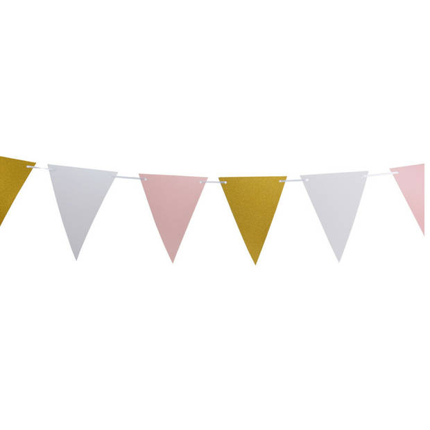 Party Vlaggenlijn - 2x - binnen - papier - roze/goud/wit - 6 m - 25 vlaggetjes - Vlaggenlijnen