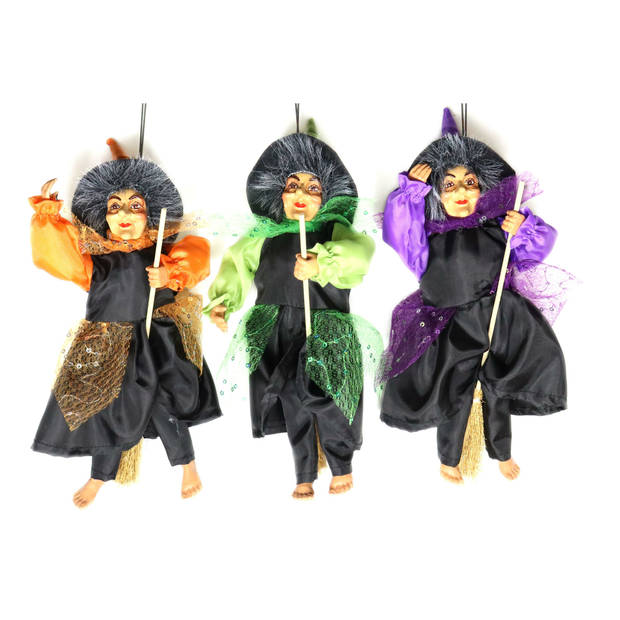 Creation decoratie heksen pop - vliegend op bezem - 35 cm - zwart/oranje - Halloween versiering - Halloween poppen