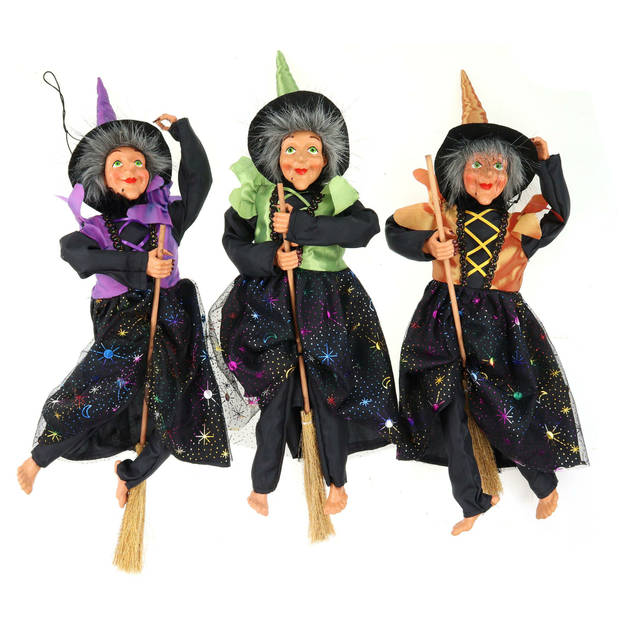 Creation decoratie heksen pop - vliegend op bezem - 40 cm - zwart/paars - Halloween versiering - Halloween poppen