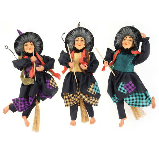 Creation decoratie heksen pop - vliegend op bezem - 30 cm - zwart/paars - Halloween versiering - Halloween poppen