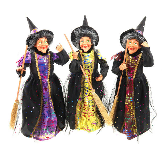 Creation decoratie heksen pop - staand - 42 cm - zwart/geel - Halloween versiering - Halloween poppen