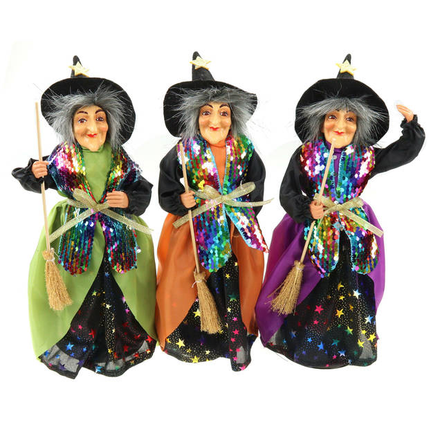Creation decoratie heksen pop - staand - 30 cm - zwart/paars - Halloween versiering - Halloween poppen