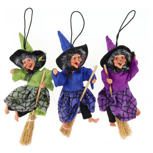Creation decoratie heksen pop - vliegend op bezem - 10 cm - zwart/groen - Halloween versiering - Halloween poppen