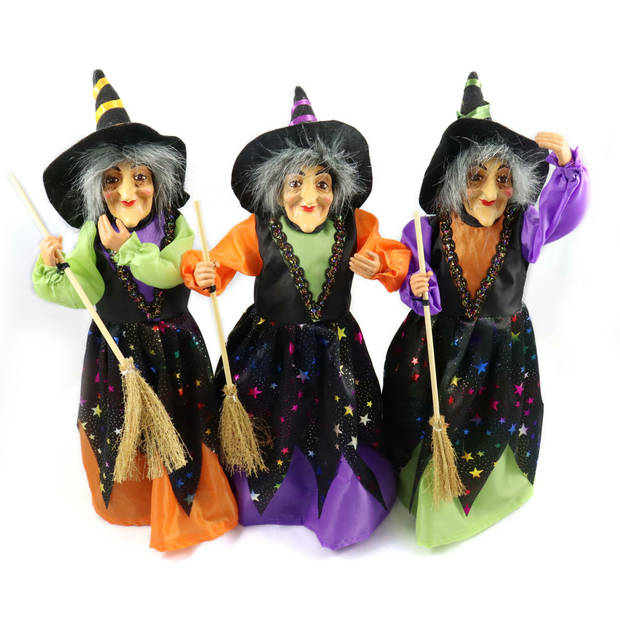 Creation decoratie heksen pop - staand - 35 cm - zwart/groen - Halloween versiering - Halloween poppen
