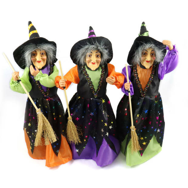 Creation decoratie heksen pop - staand - 35 cm - zwart/oranje - Halloween versiering - Halloween poppen