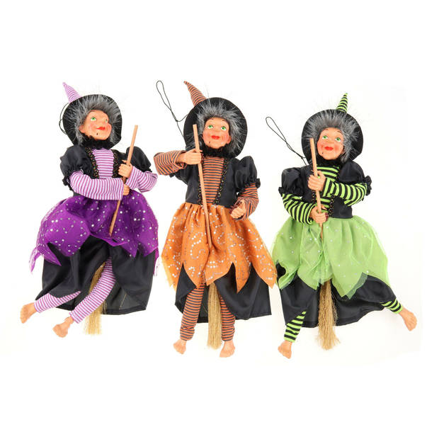 Creation decoratie heksen pop - vliegend op bezem - 40 cm - zwart/groen - Halloween versiering - Halloween poppen