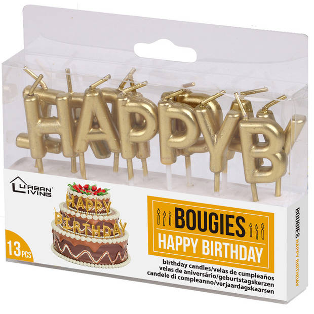 Urban Living - verjaardagskaarsen - Happy Birthday - goud - 10 cm - Taartkaarsen