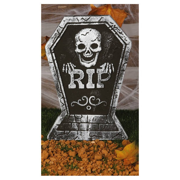 Horror kerkhof decoratie grafsteen RIP met schedel 38 x 27 cm - Feestdecoratievoorwerp