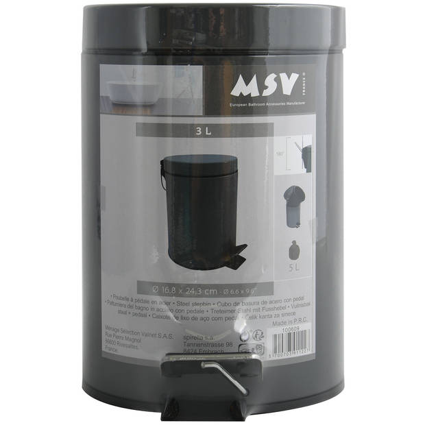 MSV Prullenbak/pedaalemmer - metaal - donkergrijs - 3 liter - 17 x 25 cm - Badkamer/toilet - Pedaalemmers