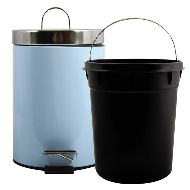 MSV Prullenbak/pedaalemmer - metaal - pastel blauw - 3 liter - 17 x 25 cm - Badkamer/toilet - Pedaalemmers