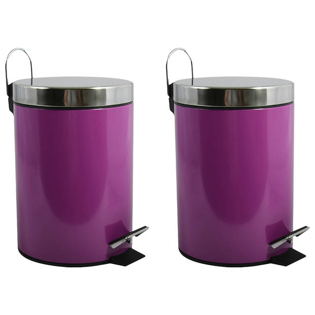 MSV Prullenbak/pedaalemmer - 2x - metaal - paars - 3 liter - 17 x 25 cm - Badkamer/toilet - Pedaalemmers