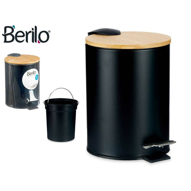 Berilo Prullenbak/pedaalemmer - zwart - 3 liter - metaal/bamboe - 17 x 23,5 cm - Pedaalemmers
