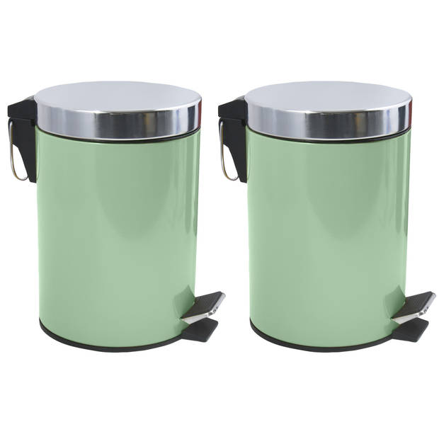 MSV Prullenbak/pedaalemmer - 2x - metaal - groen - 3 liter - 17 x 25 cm - Badkamer/toilet - Pedaalemmers