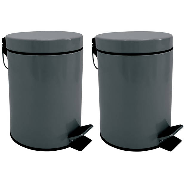 MSV Prullenbak/pedaalemmer - 2x - metaal - donkergrijs - 3 liter - 17 x 25 cm - Badkamer/toilet - Pedaalemmers