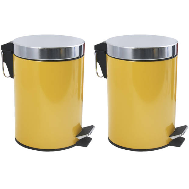 MSV Prullenbak/pedaalemmer - 2x - metaal - saffraan geel - 3 liter - 17 x 25 cm - Badkamer/toilet - Pedaalemmers