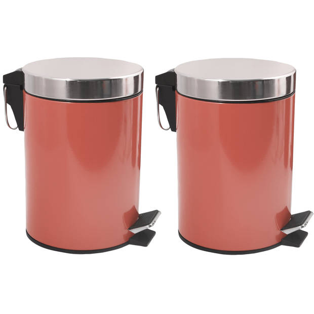 MSV Prullenbak/pedaalemmer - 2x - metaal - terracotta - 3 liter - 17 x 25 cm - Badkamer/toilet - Pedaalemmers