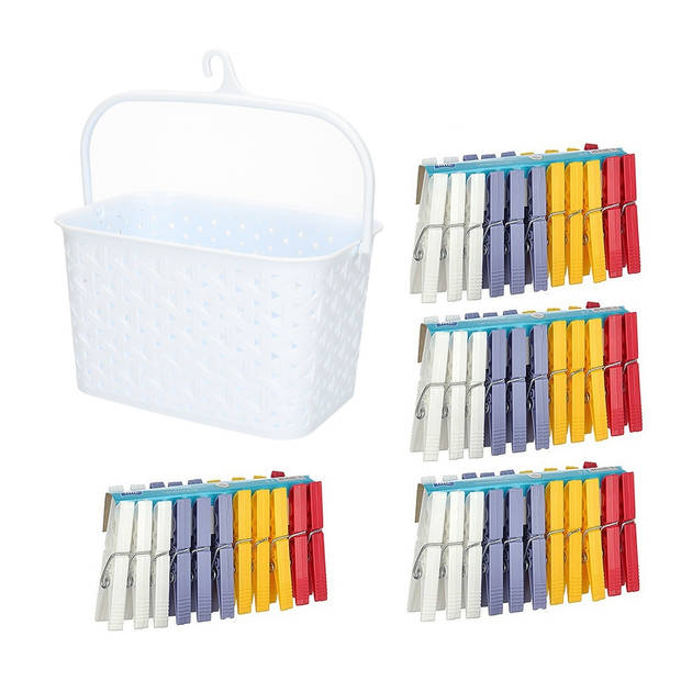 Wasknijpers ophangmandje met haak - wit - en 96x gekleurde wasknijpers van 7,5 cm - knijperszakken