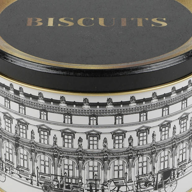 Urban Living koektrommel/voorraadblik Biscuits - Versailles - metaal - wit/zwart - 17 x 11 cm - Voorraadblikken