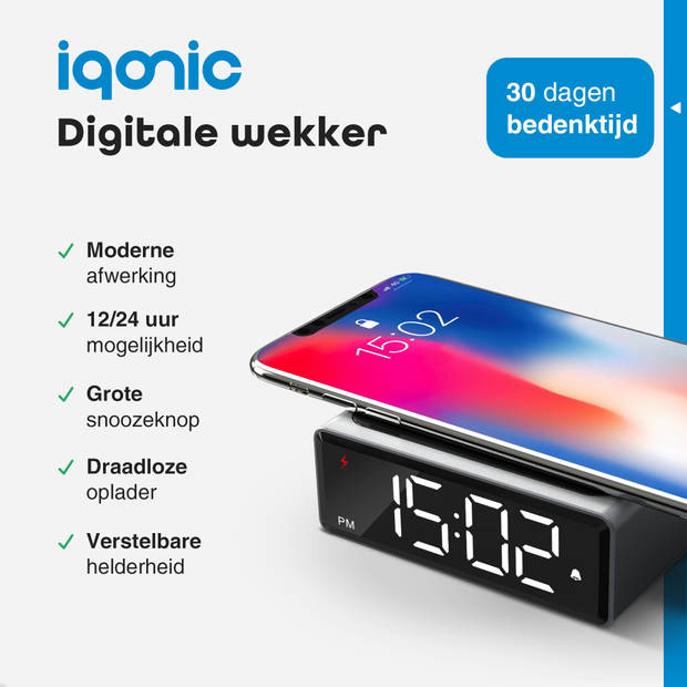 Iqonic Digitale Wekker - Met Draadloze Oplader - Dimbaar - Incl. Snoer - Alarmklok Digitaal - Zwart