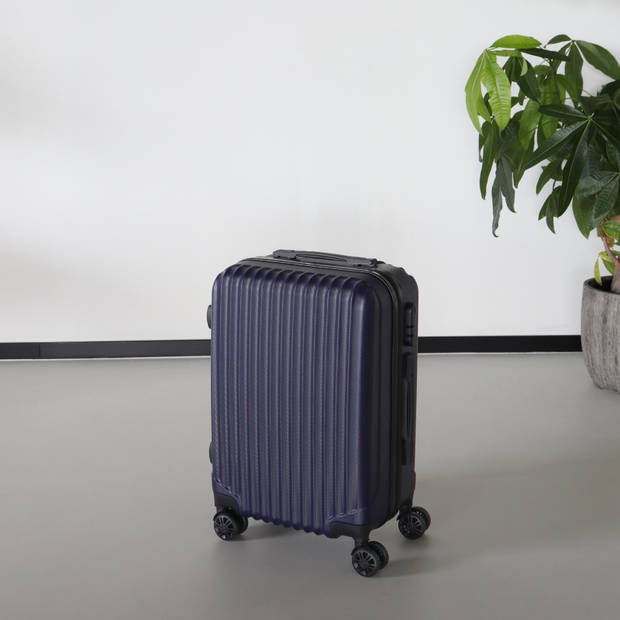 Handbagage koffer 55cm donkerblauw 4 wielen trolley met pin slot reiskoffer