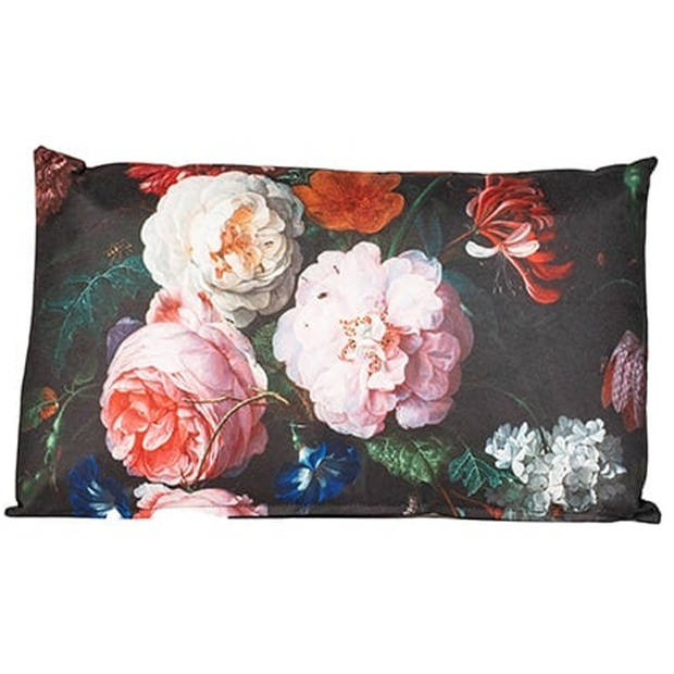 Anna's collection buitenkussen bloem - 2x - Zwart/roze - 30 x 50 cm - tuinstoelkussens