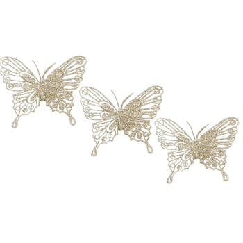 House of Seasons kerst vlinders op clip - 3x st - champagne glitter - 10 cm - Kersthangers