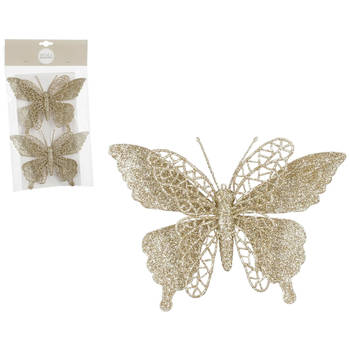 House of Seasons kerst vlinders op clip - 2x st - champagne glitter - 16 cm - Kersthangers