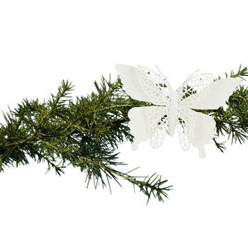 House of Seasons kerst vlinders op clip - 2x st - wit glitter - 16 cm - Kersthangers
