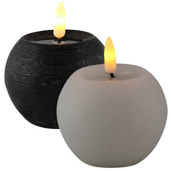 LED kaarsen/bolkaarsen - 2x- rond - zwart en wit -D8 x H7,5 cm - LED kaarsen