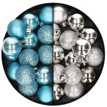 Kleine kerstballen - 28x st - zilver en ijsblauw - 3 cm - kunststof - Kerstbal