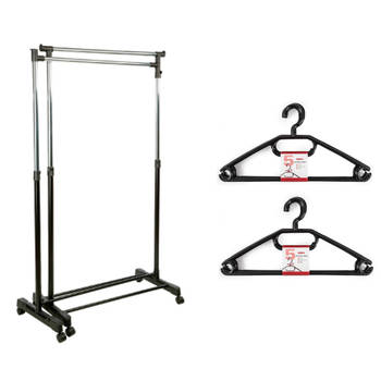 Kledingrek met kleding hangers - 2x enkele stang - kunststof - zwart - 162 x 42 x 168 cm - Kledingrekken